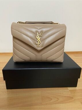 Saint Laurent Taupe Quilted Leather Shoulder Bag with Gold YSL Hardware